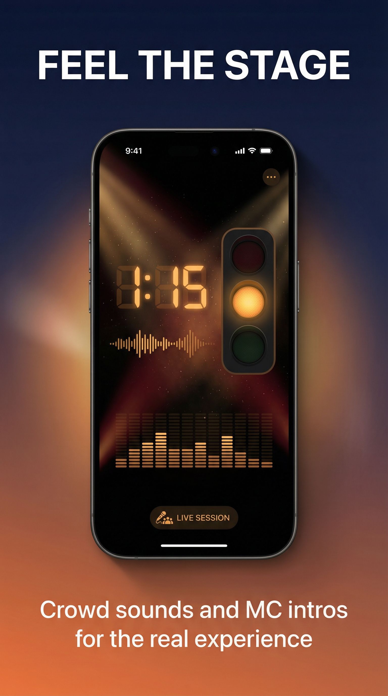 Stage atmosphere with crowd sounds and MC intro